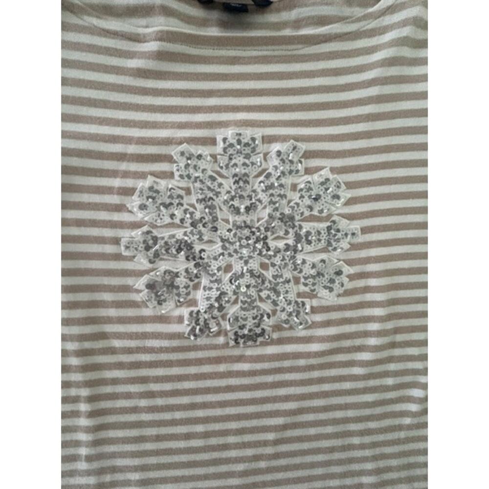 Lands' End Girl's14-16 Cream Tan Stripe Snowflake Sequin Cotton Top EUC - Picture 2 of 7
